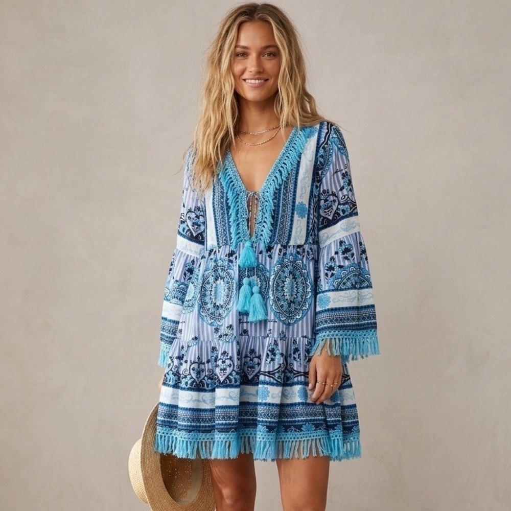 Blue Boho Tassel Fringe Blouse Embroidered Print Peasant Top Flowy Festival OS